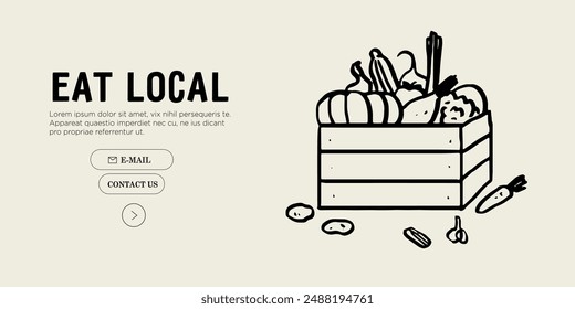 Farmer vegetables in crate from farm ready to sell on market. Hand drawn simple ink charcoal chalk or crayon vector illustration in doodle style. Farming, agriculture, local organic production concept