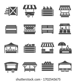 Farmer Vegetables Market With Cover Icon Set. Retail Street Marketplace Decoration. Vector Line Art Illustration On White Background