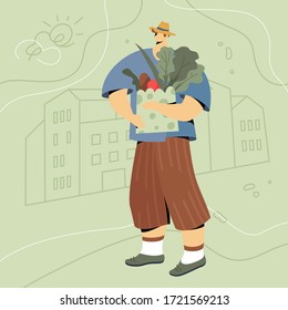 Farmer with vegetables in paper bag. Modern flat faceless character in hat and short pants over green linear landscape.