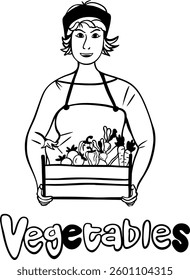 Farmer with vegetables. Vector illustration of outline vegetables in doodle style. Organic food 