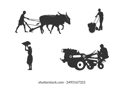 Farmer with vehicle silhouettes, Agriculture farmer silhouette