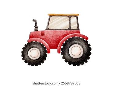 Farmer Vehicle Watercolor Vector with Red Tractor on White Background design