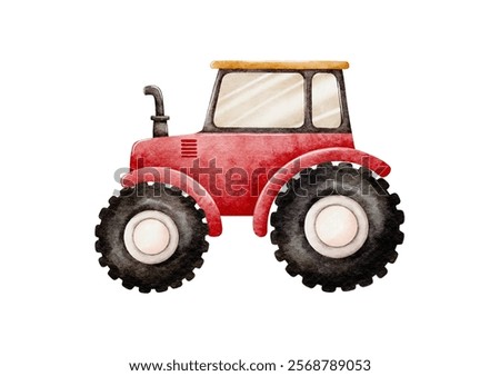 Farmer Vehicle Watercolor Vector with Red Tractor on White Background design