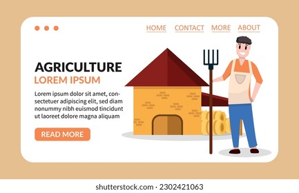 farmer in the village landing. male character, agricultural worker, handyman, collective farmer stands near stable and mill. village cartoon simple background.