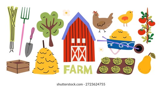 Elementos de la vida del agricultor y del pueblo ambientados en estilo retro de dibujos animados. Conjunto rural, herramientas de granja, granero, verduras, pajar, animales de granja, pollos, Elementos de jardinería. Colección de pegatinas de vida de campo acogedor