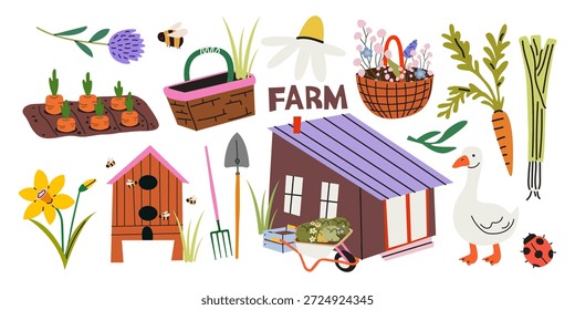 Elementos de la vida del agricultor y del pueblo ambientados en estilo retro de dibujos animados. Conjunto rural, herramientas de granja, casa, verduras, flores, colmena, abejas, animales de granja, Elementos de jardinería. Colección de pegatinas de vida de campo acogedor
