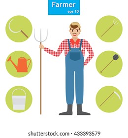 farmer in the village. A set of farm elements. Vector illustration.
