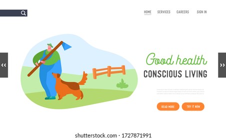 Farmer Walking Outdoors Landing Page Template. Young Man with Long Stick with Dog near his Leg. Shepherd Male Character, Villager, Seasonal Countryside Farm Work, Relax. Cartoon Vector Illustration