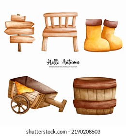 Farmer Watercolor Illustration, Wooden Barrel, Wooden Chair, Wooden Cart, Gardening Boots, Wood Sign
