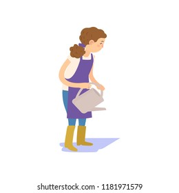 Farmer is watering the beds. Vector illustration isolated on white background.