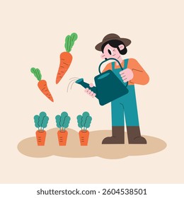 Farmer Watering Carrots in the Garden. Simple and cute illustrations
