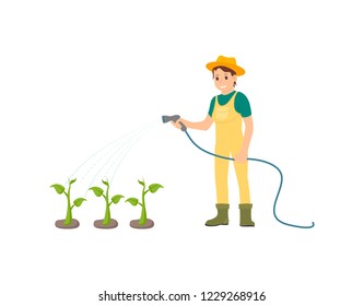 Farmer watering plants isolated icon vector. Woman with hose taking care of growing sprouts of vegetables. Veggie growth husbandry organic farming