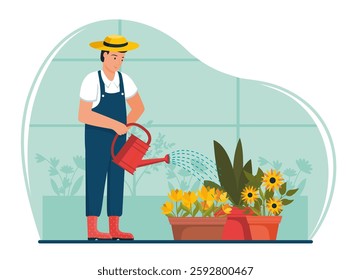 Farmer watering potted flowers with watering can in greenhouse. Plants, foliage and greenery on background. Gardening, horticulture, irrigation and plant care concept. Flat vector illustration.