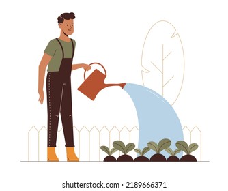 Farmer watering vegetables wearing working clothes. Agriculture vector design.