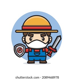 farmer wear face mask holding sword and shield prepare to eradicate pests