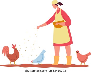 Farmer wearing an apron and boots scatters seeds from a bowl, feeding a rooster and chickens on a vibrant farm, showcasing the essence of rural life and sustainable agriculture