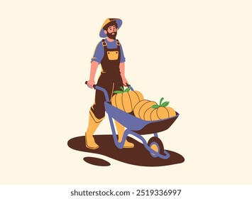 Um fazendeiro usando um chapéu empurra uma carriola cheia de abóboras. Ilustração em estilo de desenho animado de um agricultor envolvido em trabalhos de colheita.