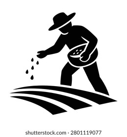 A farmer wearing a hat sows seeds by hand into a stylized agricultural field
