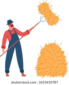 Farmer wearing overalls and a hat, using a pitchfork to gather hay and create a haystack on the farm during the busy harvesting season in the countryside