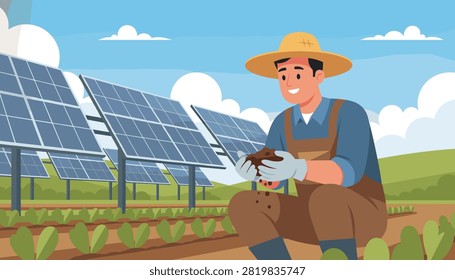 Farmer wearing a straw hat and gloves inspecting fertile soil in a solar farm field.