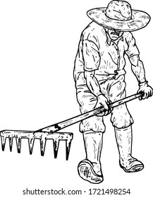 A farmer wearing a straw hat raking the earth with a hoe. Hand drawn vector illustration.