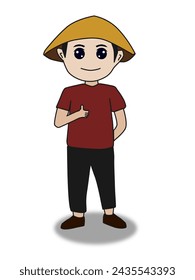 The farmer wears a straw hat and poses okay
