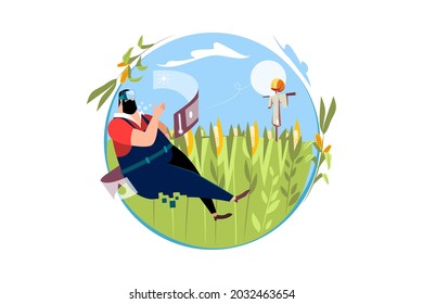 Farmer wears VR or AR glasses while monitoring rainfall, temperature, moisture, soil pH with immersive experience on digital hologram display