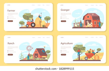 Farmer web banner or landing page set. Farm worker on the field, watering plants and feeding animals. Summer countryside view, agriculture concept. Living in the village. Isolated flat illustration