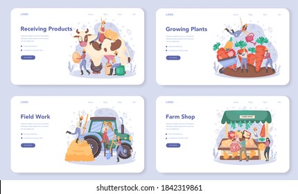 Farmer web banner or landing page set. Farm worker on the field, growing plants and feeding animals. Summer countryside view, agriculture concept. Living in the village. Isolated flat illustration