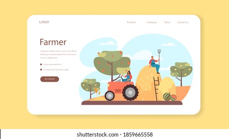 Farmer web banner or landing page. Farm worker on the field, watering plants and feeding animals. Summer countryside view, agriculture concept. Living in the village. Isolated flat illustration