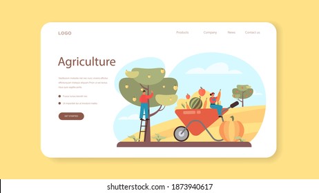 Farmer web banner or landing page. Farm worker on the field, watering plants and feeding animals. Summer countryside view, agriculture concept. Living in the village. Isolated flat illustration