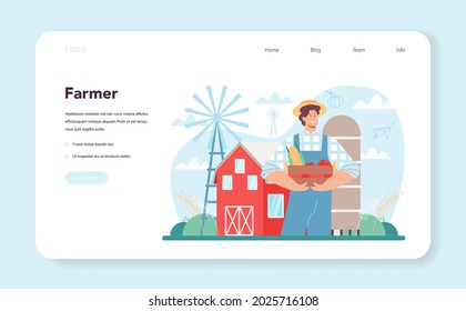 Farmer web banner or landing page. Farm worker growing plants and feeding animals. Agriculture and animal husbandry business. Summer countryside landscape. Flat vector illustration