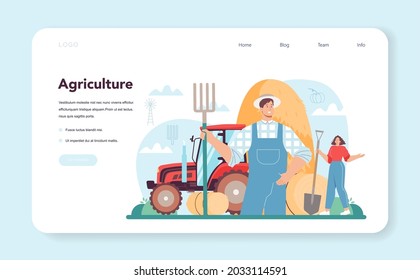 Banner web de granjeros o página de aterrizaje. Agricultores trabajando en el campo cultivando plantas y cultivos. Negocios agrícolas. Paisaje rural de verano. Ilustración vectorial plana