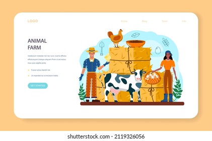 Farmer web banner or landing page. Animal husbandry business. Farm worker feeding animals. Milk, eggs and meet production. Summer countryside landscape. Flat vector illustration