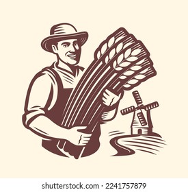 Farmer, wheat field, mill emblem. Agriculture, windmill logo. Healthy organic natural farm food. Vector illustration