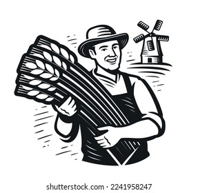 Farmer, wheat field, windmill logo. Agriculture, harvest emblem. Healthy organic natural farm food. Vector illustration