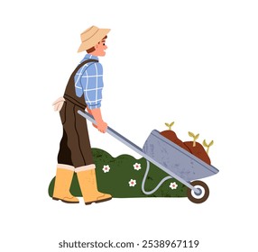 Farmer with wheelbarrow in countryside. Farm and garden worker in country. Gardener, agriculture and horticulture, rural works outdoors in nature. Flat vector illustration isolated on white background