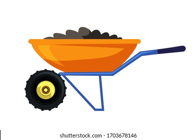 Farmer wheelbarrow filled soil isolated on white background. Gardener pushcart with ground. Farming and gardening equipment. Tool on wheel for compost humus transportation. Agricultural instrument