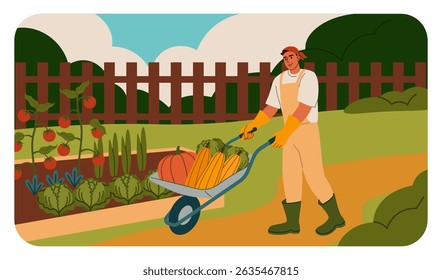 Farmer with wheelbarrow. Man carrying autumn harvest in trolley. Agriculture male worker. Garden crop of fresh organic tomato and pumpkin. Farm vegetables growing. Gardener in overalls. Vector concept