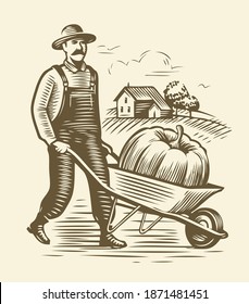 Farmer with wheelbarrow sketch. Agriculture, farm vintage vector illustration