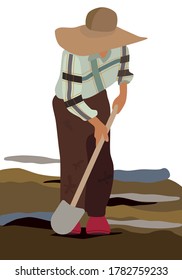 A farmer in a wide-brimmed hat and dirty clothes digs the ground with a shovel. Plow the field. Casual checkered shirt. Craft, village profession. Rustic landscape.Vector flat illustration for food