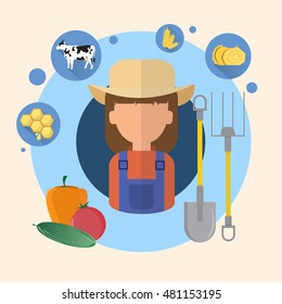 Farmer Woman Agriculture Icon Flat Vector Illustration