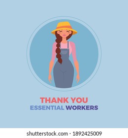 Farmer Woman Blue Thanks Essential Workers Logo - Vector