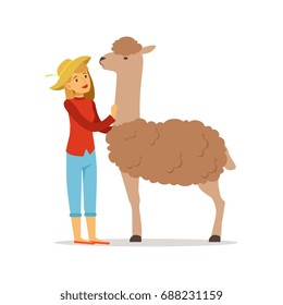 Farmer woman caring for her alpaca, farming and agriculture vector Illustration
