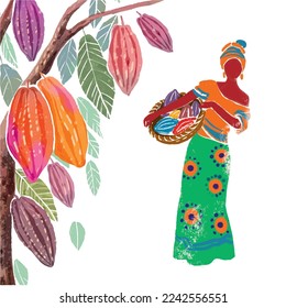 Farmer woman carries basket with cocoa pods, which are used as raw material for the production of chocolate. Pickers with baskets full of cocoa pods. Cocoa Beans. Vector illustration.