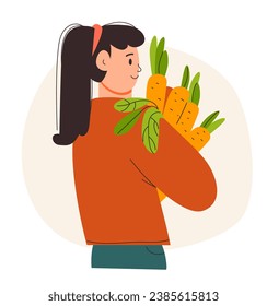 Mujer campesina con la cosecha de zanahoria en sus manos. Comida vegana. Cosechando. Lustración plana vectorial.
