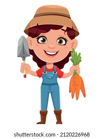 Farmer woman cartoon character holding little shovel and carrots. Cute girl farmer