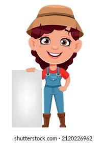 Farmer woman cartoon character standing near big blank banner. Cute girl farmer