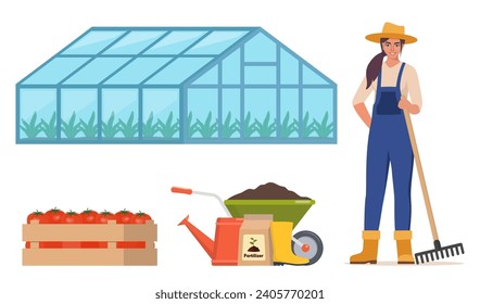 Farmer woman character and different farm elements. Greenhouse, fertilizers, watering can, cart. Set of elements on farm theme. Vector illustration