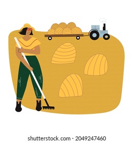 Farmer woman character with pitchfork near hayloft prepares hay in autumn. Yellow straw in haystack and agricultural equipment. Countryside lifestyle flat cartoon vector illustration isolated on white